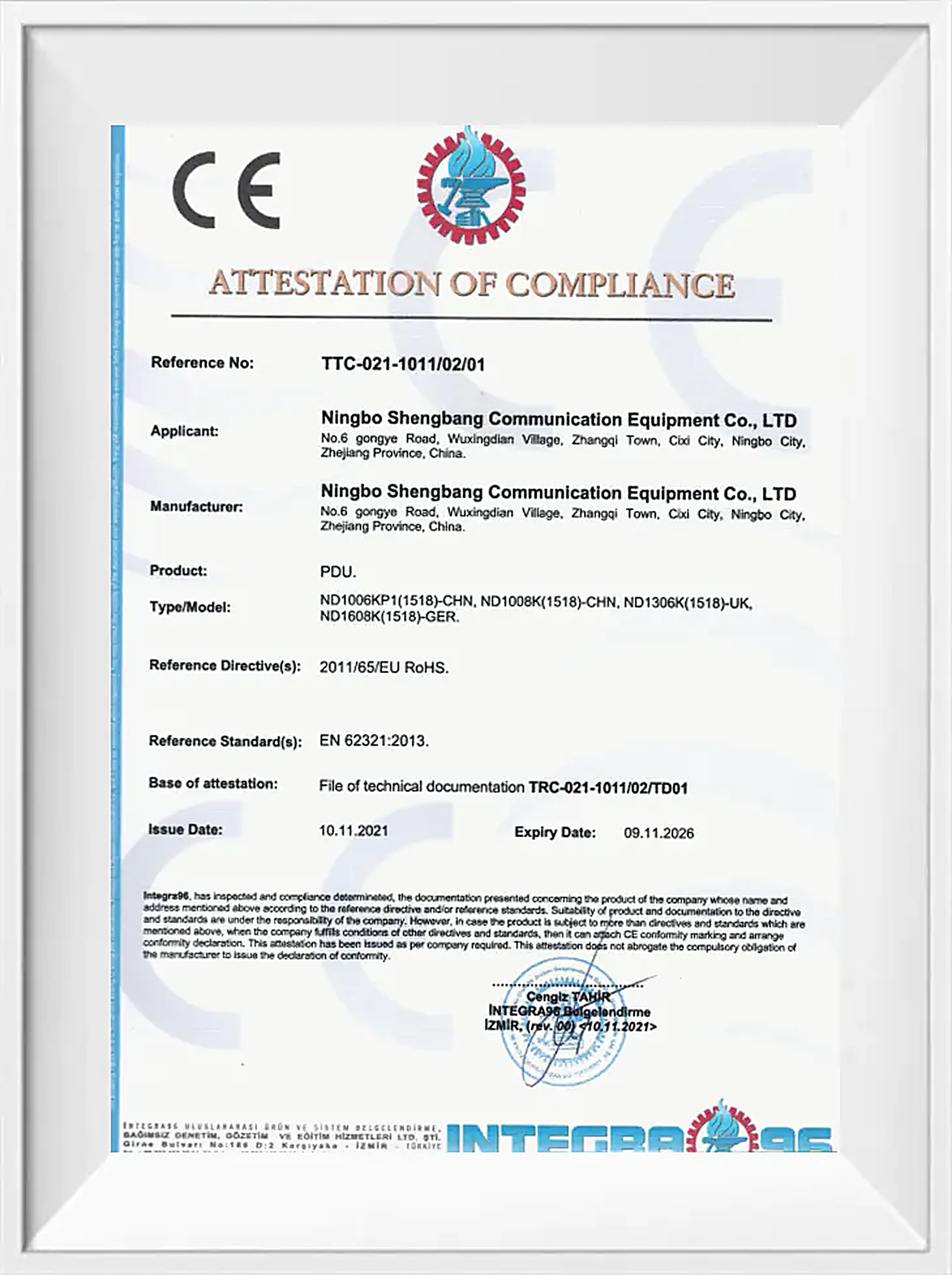 CE certificate scan issued to Ningbo DCDU Power Distribution Equipment Co., Ltd.