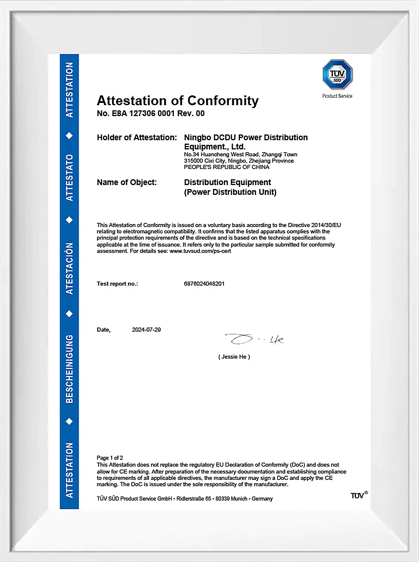 CE electromagnetic compatibility certificate scan issued through TUV to Ningbo DCDU Power Distribution Equipment Co., Ltd.