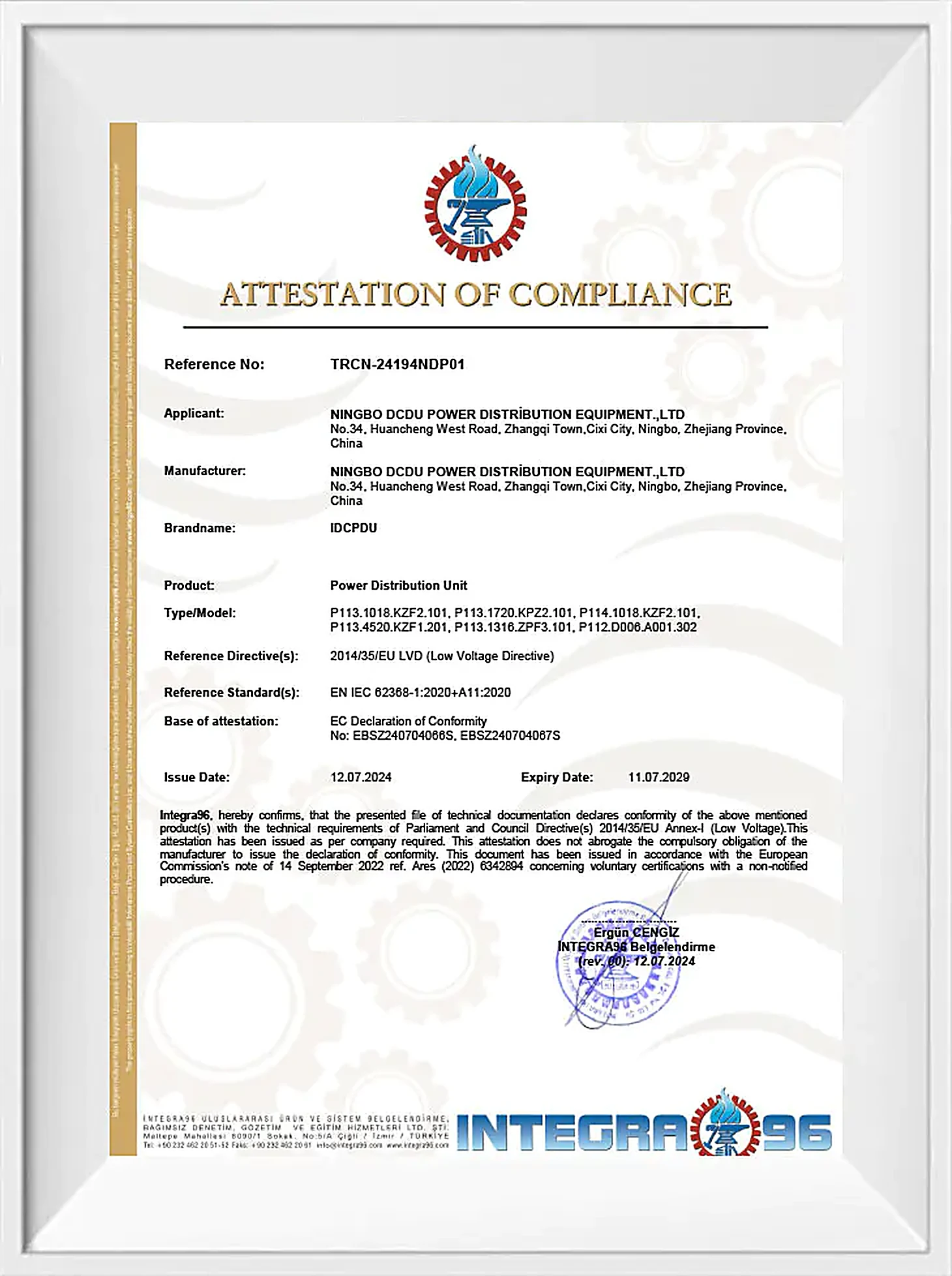 CE low voltage directive certificate scan issued to Ningbo DCDU Power Distribution Equipment Co., Ltd.