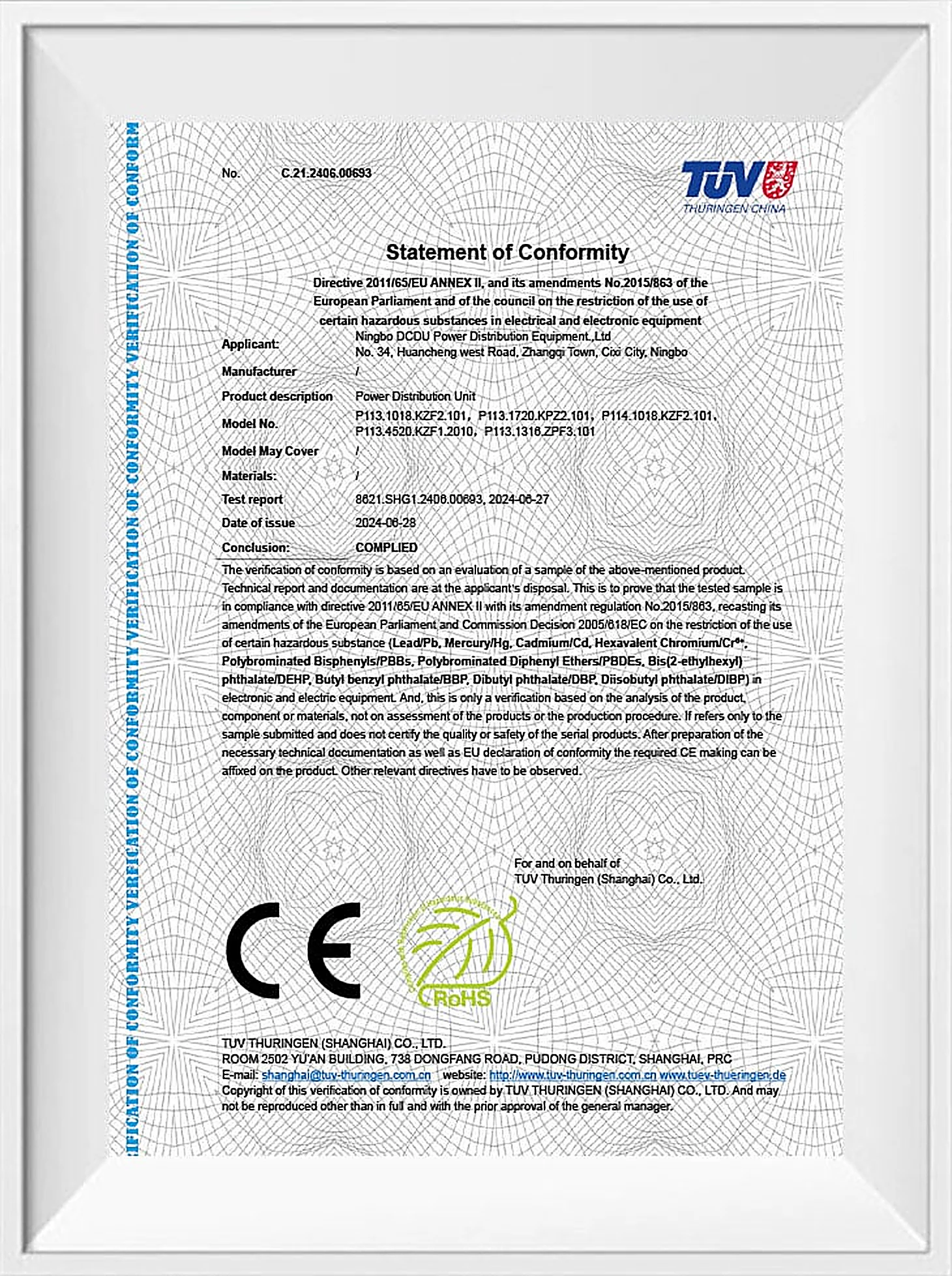 RoHS certificate scan issued through TUV to Ningbo DCDU Power Distribution Equipment Co., Ltd.