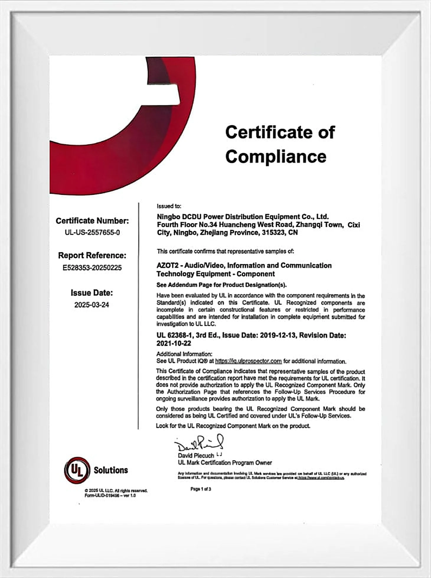 UL component certificate scan for audio, video and information technology equipment, certified to UL 62368-1, held by Ningbo DCDU Power Distribution Equipment Co., Ltd.
