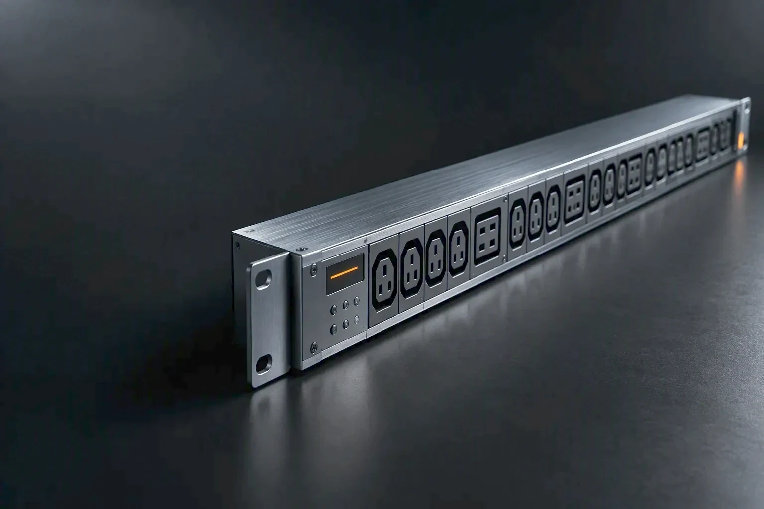 Workshop floor of the enclosure and assembly area seen down the length of the production line, a rack PDU chassis staged in three-quarter view in the right of the frame under one raking light