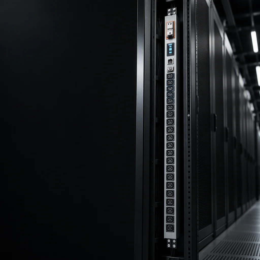 Rack PDU installed in service, seen from a low three-quarter angle inside a dark equipment aisle with the rack rails and a receding row of closed cabinets out of focus behind it