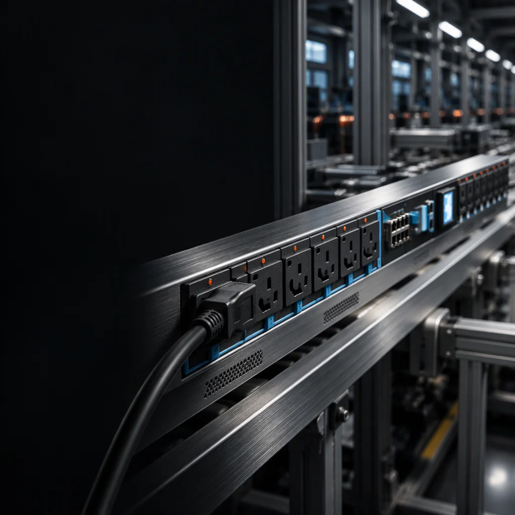 Macro view of a rack PDU connector field with IEC outlet bodies in a repeating rank, one cable seated and the metal work visible between them