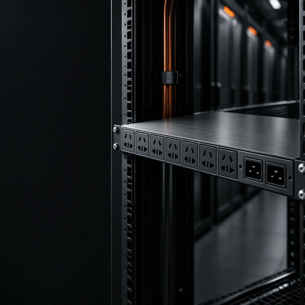 A rack PDU in a dark equipment aisle with the IEC outlet rank and the copper busbar behind it lit from the upper left, the rack rails falling out of focus