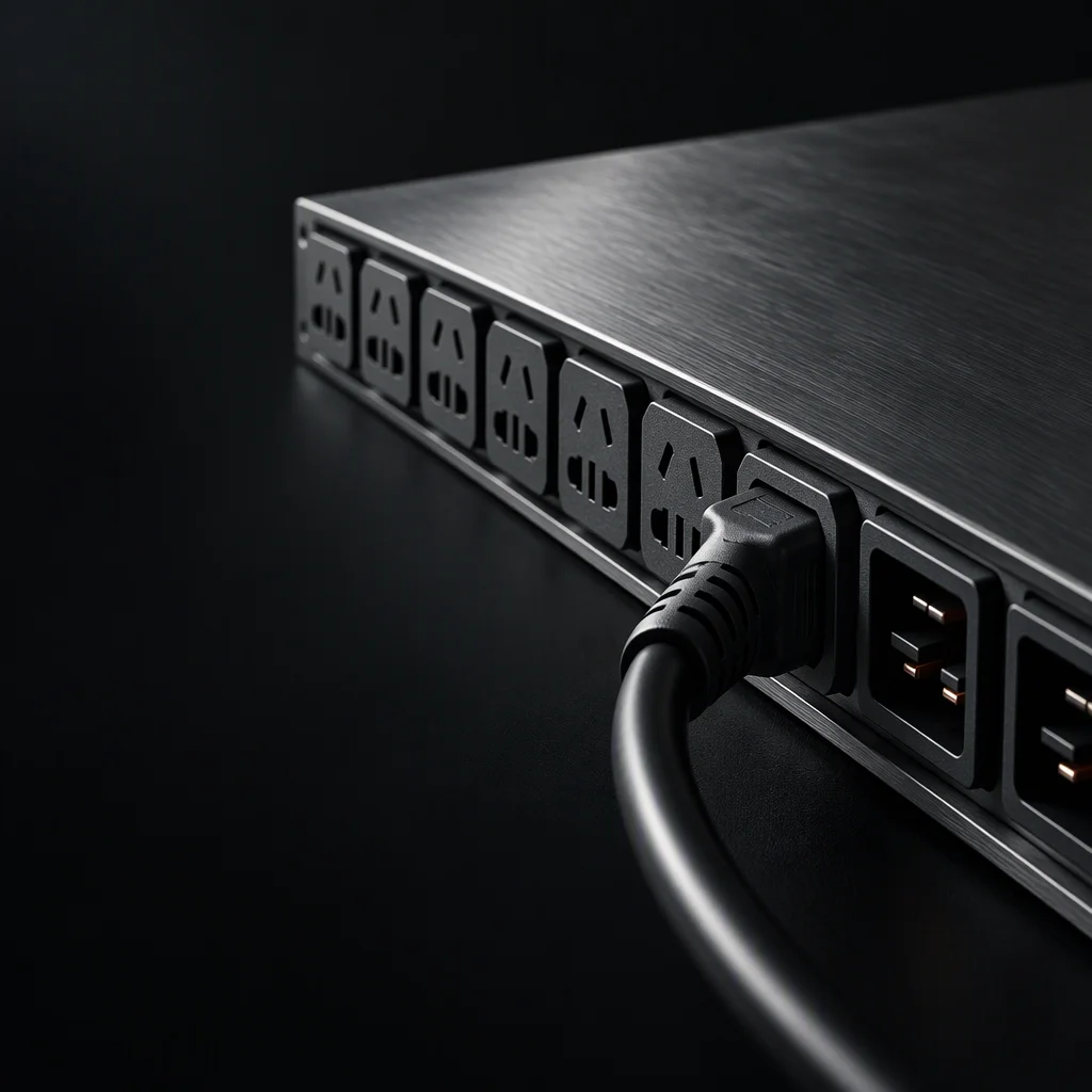A macro of the outlet rank on a rack PDU, the IEC socket bodies in a repeating line against brushed steel under a raking light