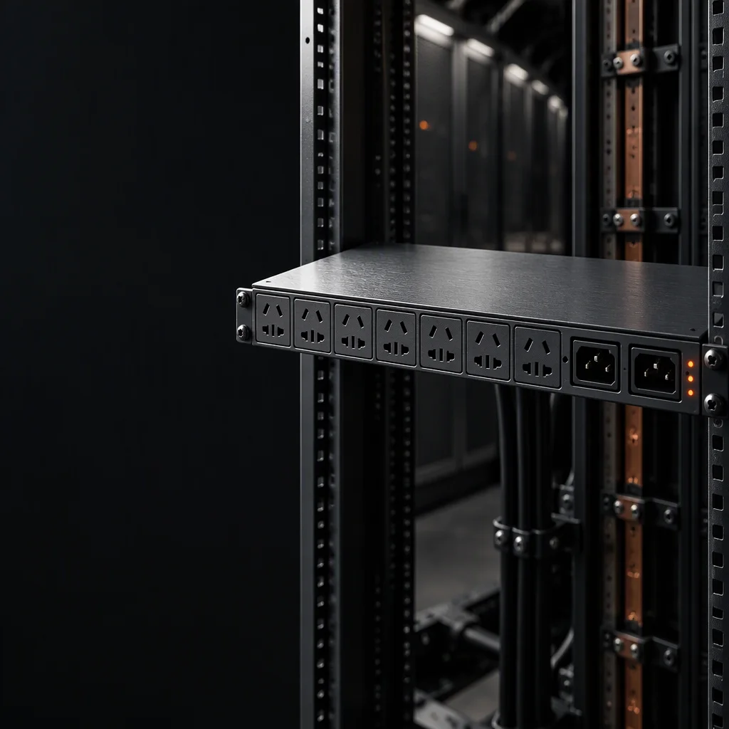The metering board of a rack PDU inside a dark equipment aisle, its reading window and current transformers lit from the upper left while the racks behind fall out of focus