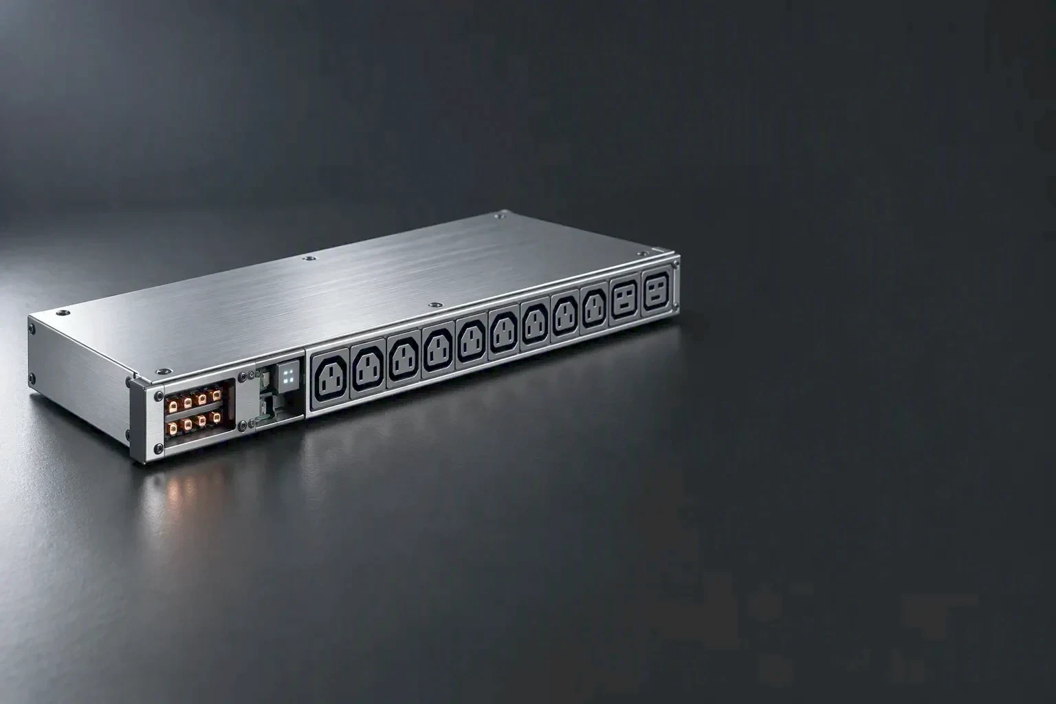 The network and serial port face of a rack PDU on the left of the frame under one raking light, the cable run sharp against the brushed steel while the right of the frame stays dark