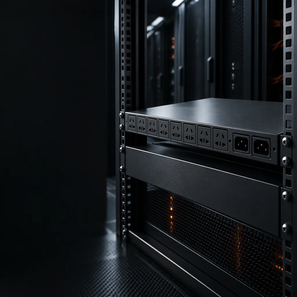 A rack PDU port face in a dark aisle, the network and serial connectors lit from the upper left with the cable run and the rack rails falling out of focus