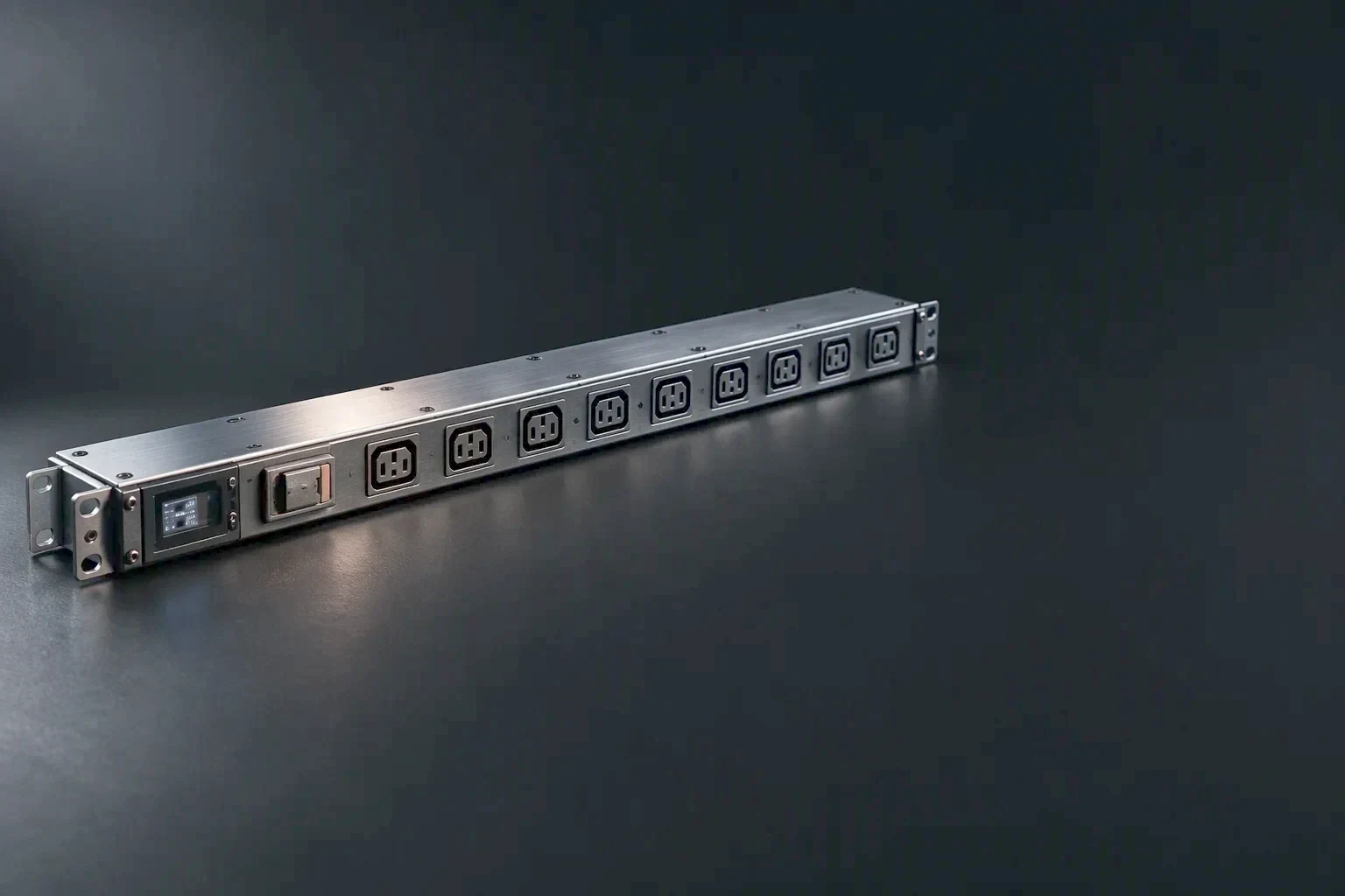 A three-phase rack PDU with its breaker row on the left of the frame under one raking light, the busbar and breaker handles sharp against brushed steel while the right of the frame stays dark