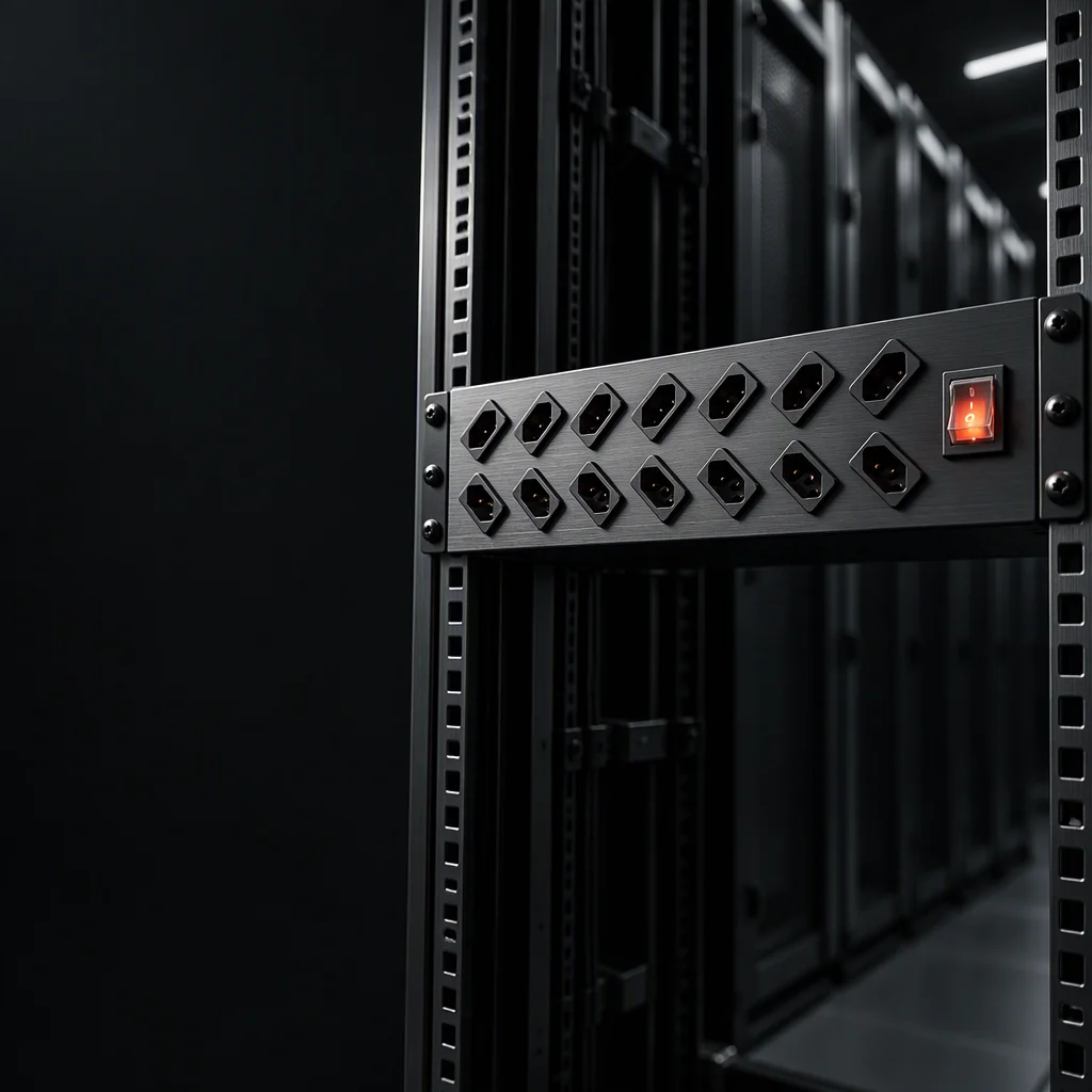 The breaker row and busbar of a three-phase rack PDU in a dark aisle, the breaker handles and copper catching one raking light with the racks behind falling out of focus