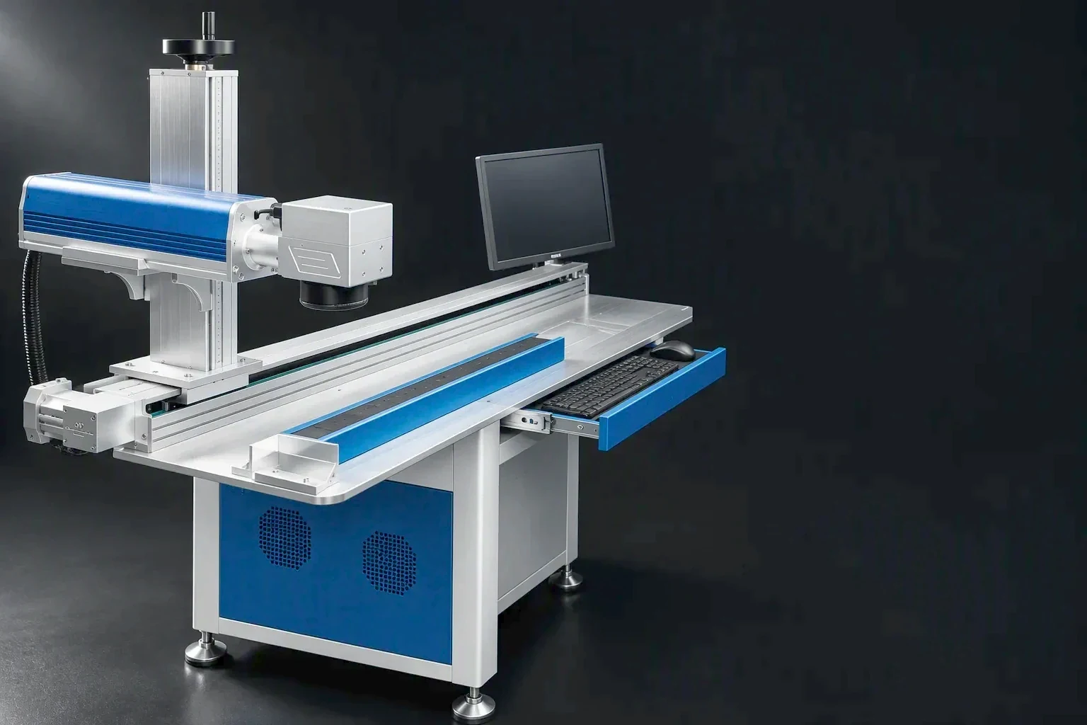 Sheet metal and assembly work on the enclosure line, a rack PDU chassis held in three-quarter view in the left of the frame under one raking light across the brushed steel