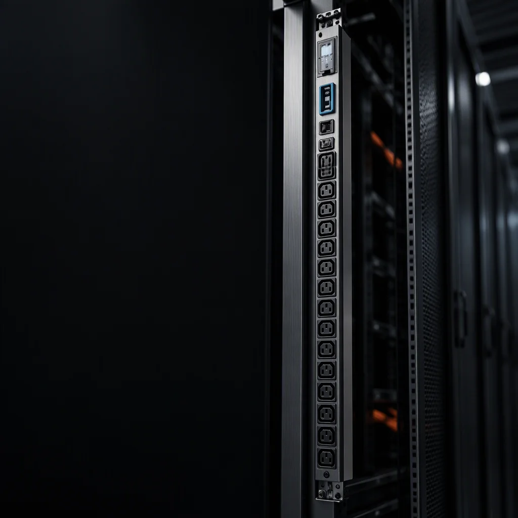 Sheet metal and assembly work seen from a low three-quarter angle inside a dark bay, rack rails and a receding row of closed cabinets out of focus behind the rack PDU, held in the right of the frame