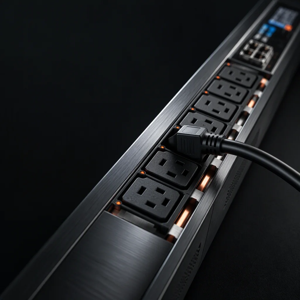 Macro view of a rack PDU connector field with IEC outlet bodies in a repeating rank, one cable seated and the metal work visible between them