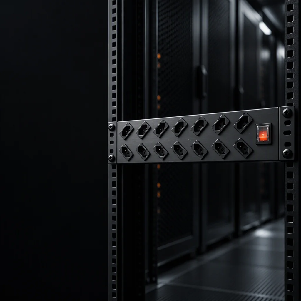 A rack PDU installed in a dark equipment aisle, the rack rails and a receding row of closed cabinets falling out of focus behind it