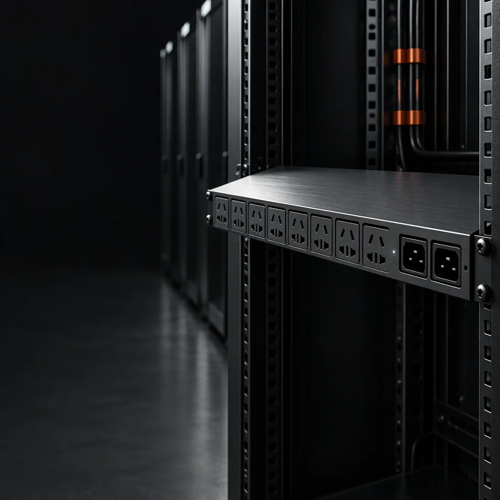 A rack PDU on a workbench next to a printed specification sheet, the outlet rank and the sheet edge raking light across the brushed steel