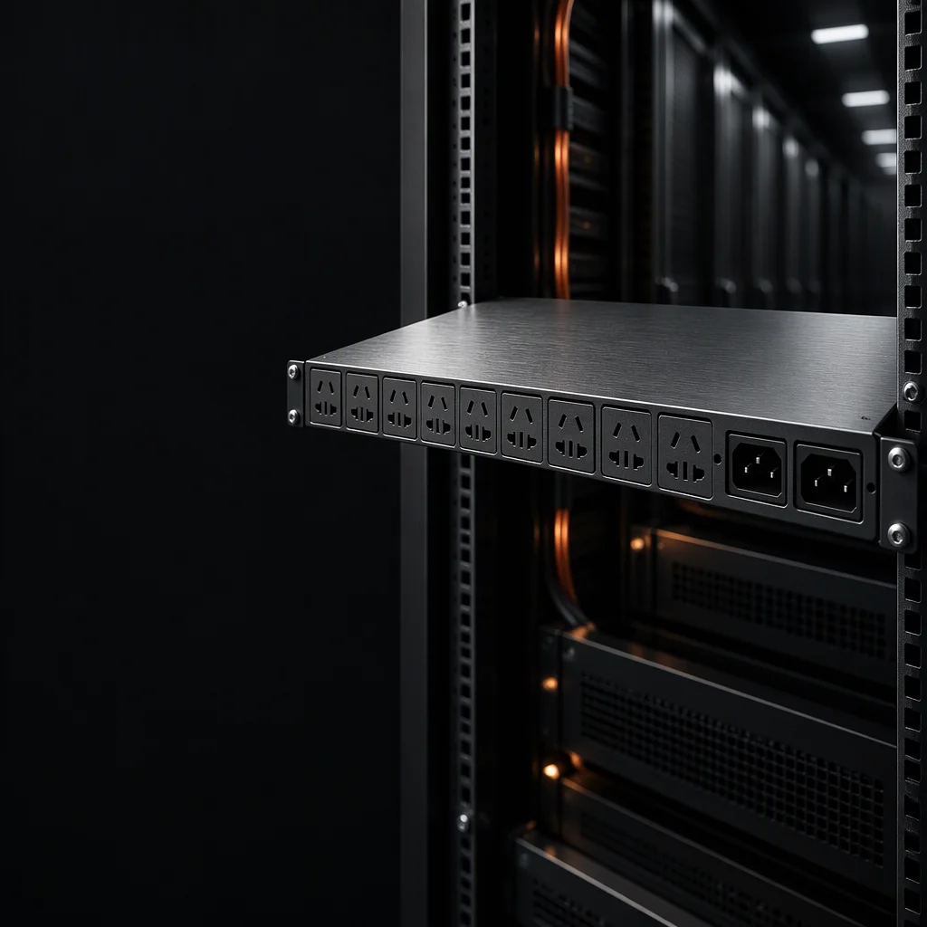A rack PDU on a dark bench beside a stack of printed drawings, the outlet rank lit while the left of the frame stays clear