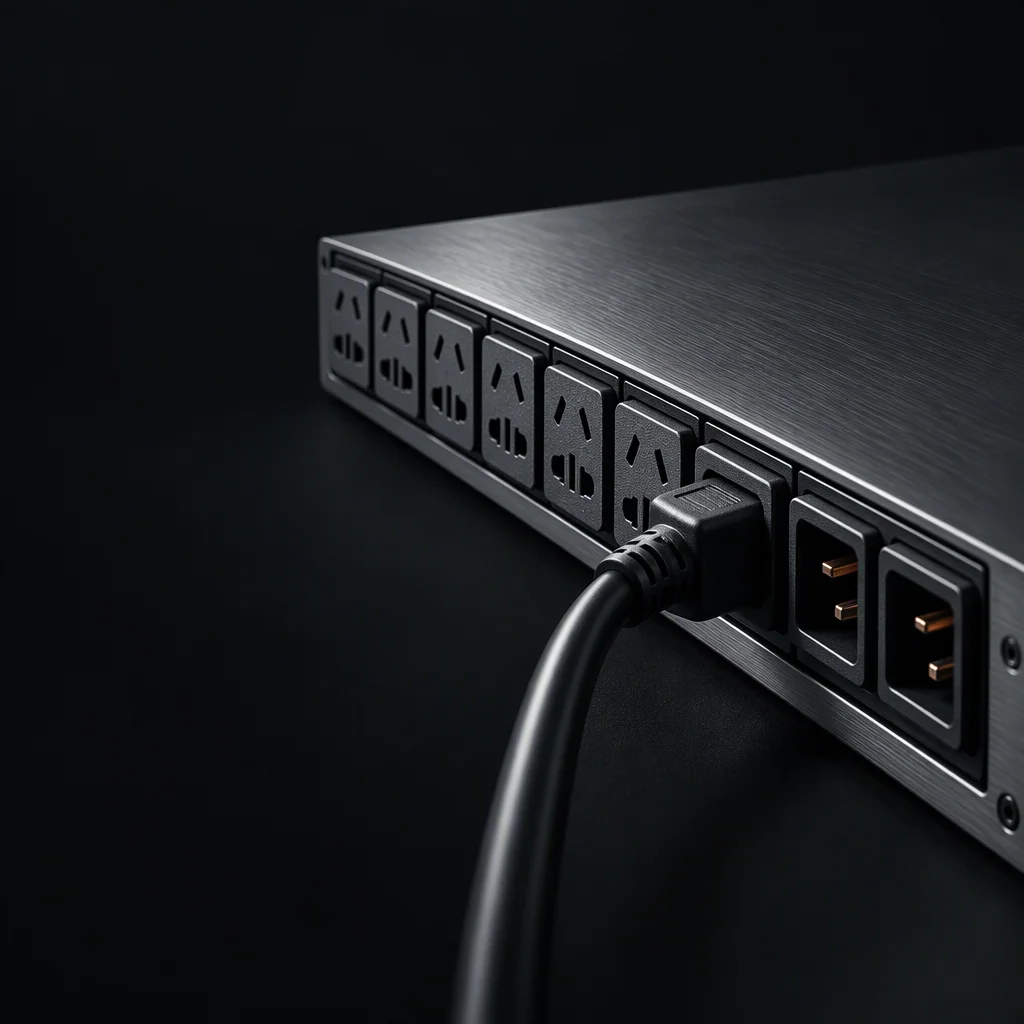 Macro view of the outlet rank on a rack PDU with a printed register map beside it, the metal work visible between the outlet bodies