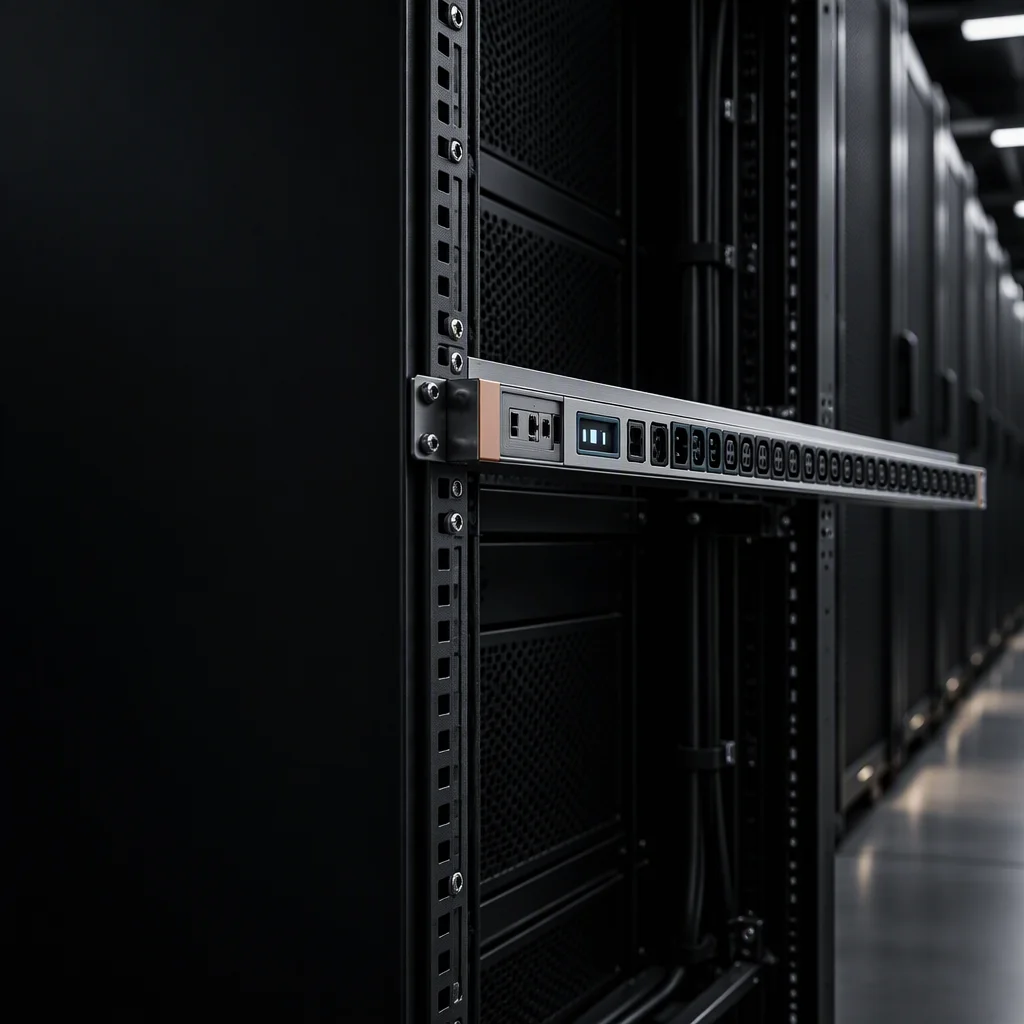 Production station on the enclosure line seen from a low three-quarter angle, rack rails and a receding row of closed cabinets falling out of focus behind the rack PDU chassis held in the right of the frame