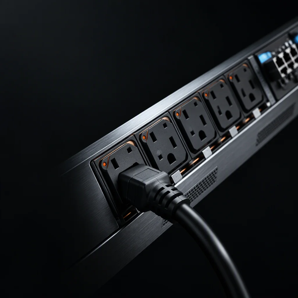 Macro view of a rack PDU connector field with IEC outlet bodies in a repeating rank, one cable seated and the metal work visible between them, held in the right of the frame