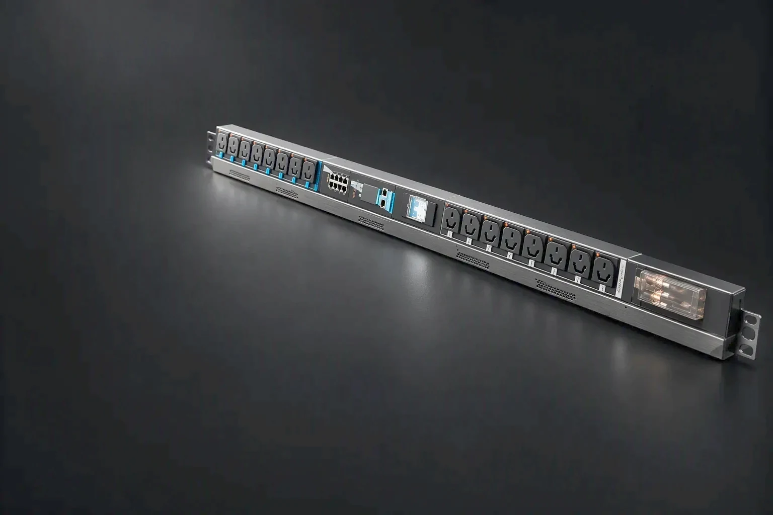 Customer correspondence and sample review at a workbench, a rack PDU chassis staged in three-quarter view in the right of the frame under one raking light