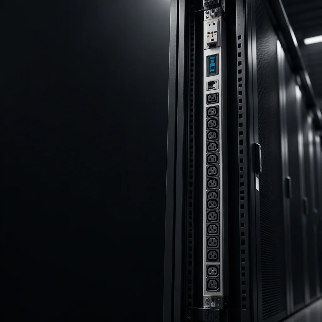 Correspondence and sample review seen from a low three-quarter angle, rack rails and a receding row of closed cabinets out of focus behind a rack PDU, held in the right of the frame