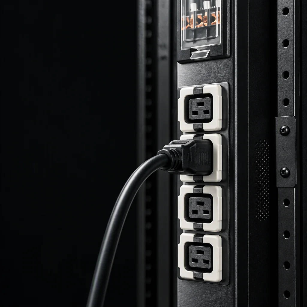 Macro view of a rack PDU connector field with IEC outlet bodies in a repeating rank, one cable seated and the metal work visible between them, held in the right of the frame