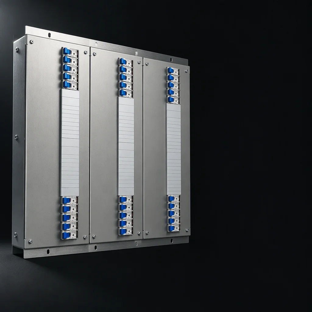 Rack PDU from a raised three-quarter angle with one raking light across the brushed steel chassis, the outlet row reading as a continuous line, held in the left of the frame