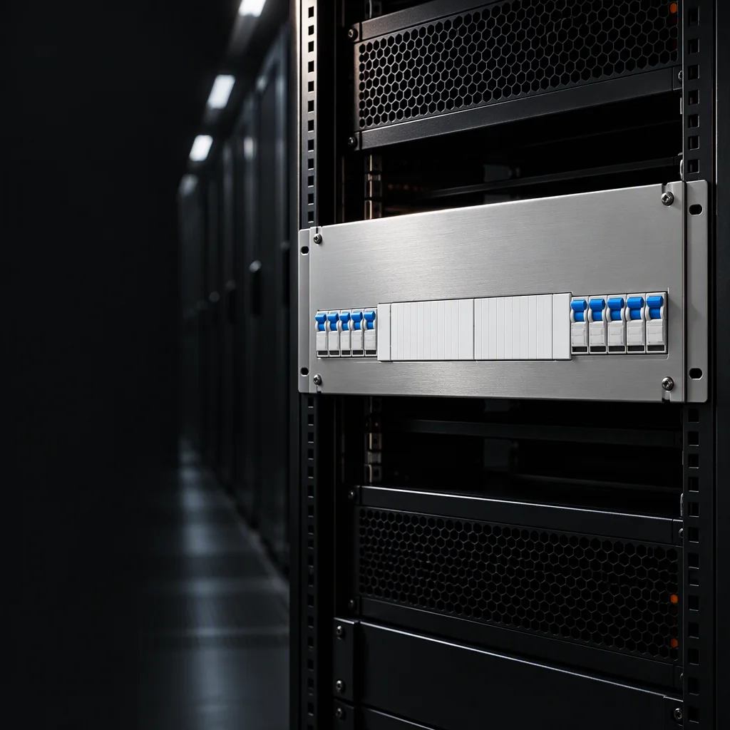 Installed rack PDU seen from a low three-quarter angle inside a dark equipment aisle, rack rails and a receding row of closed cabinets falling out of focus behind it, subject held in the right of the frame
