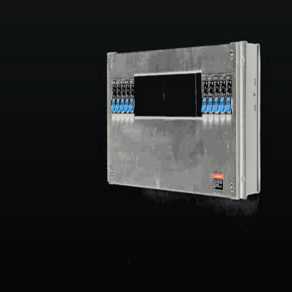 Macro view of the connector field on a rack PDU: IEC outlet bodies in a repeating rank with one cable seated and the metal work visible between them, held in the right of the frame