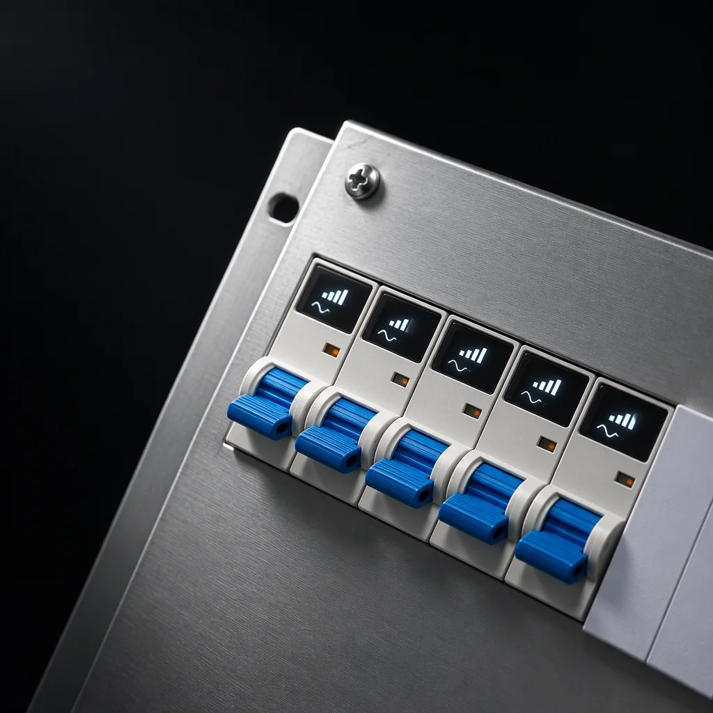 Macro view of the readout panel on a rack PDU, a small OLED glowing with abstract white metering glyphs and no legible words, held in the right of the frame