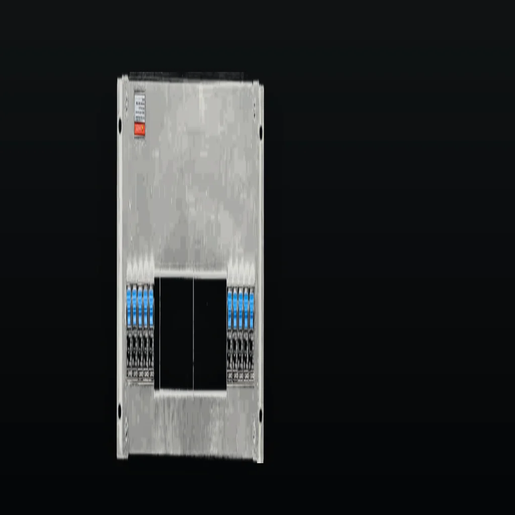 The interior of an edge cabinet, a DIN rail breaker and surge module lit from one side while the closed cabinet behind falls out of focus