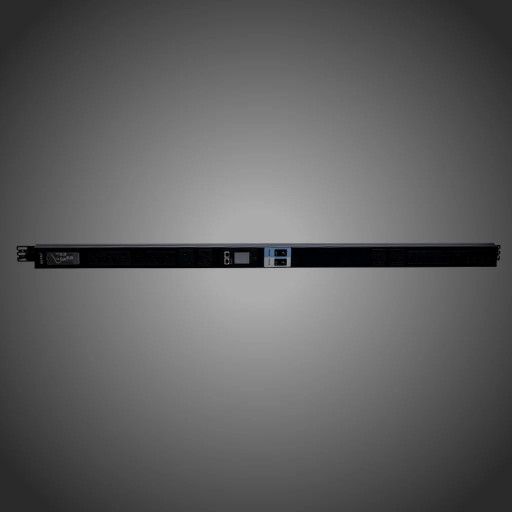 A high-density rack power distribution unit with its copper busbar lit from one side, the rack frame behind it out of focus