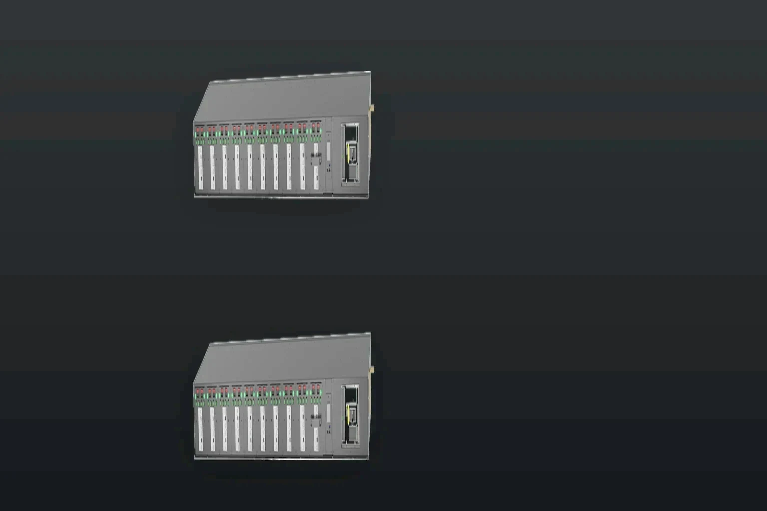 An equipment cabinet in a server room, the rack PDU inside it lit by one lamp while the cabinet row behind it stays dark