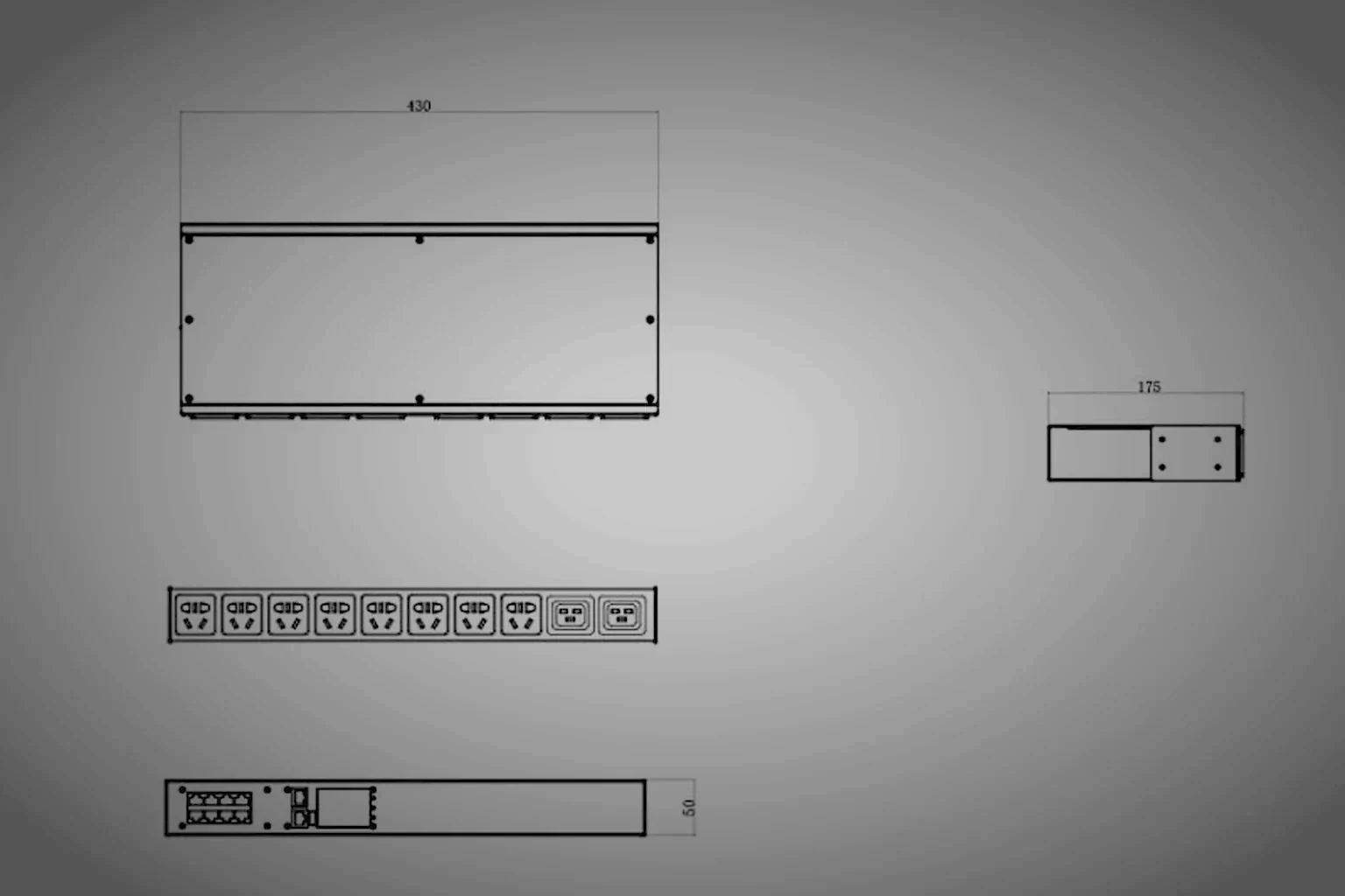 A network-connected rack PDU held at the left of the frame, its data and serial ports picked out by one raking light while the right of the frame stays in clean shadow