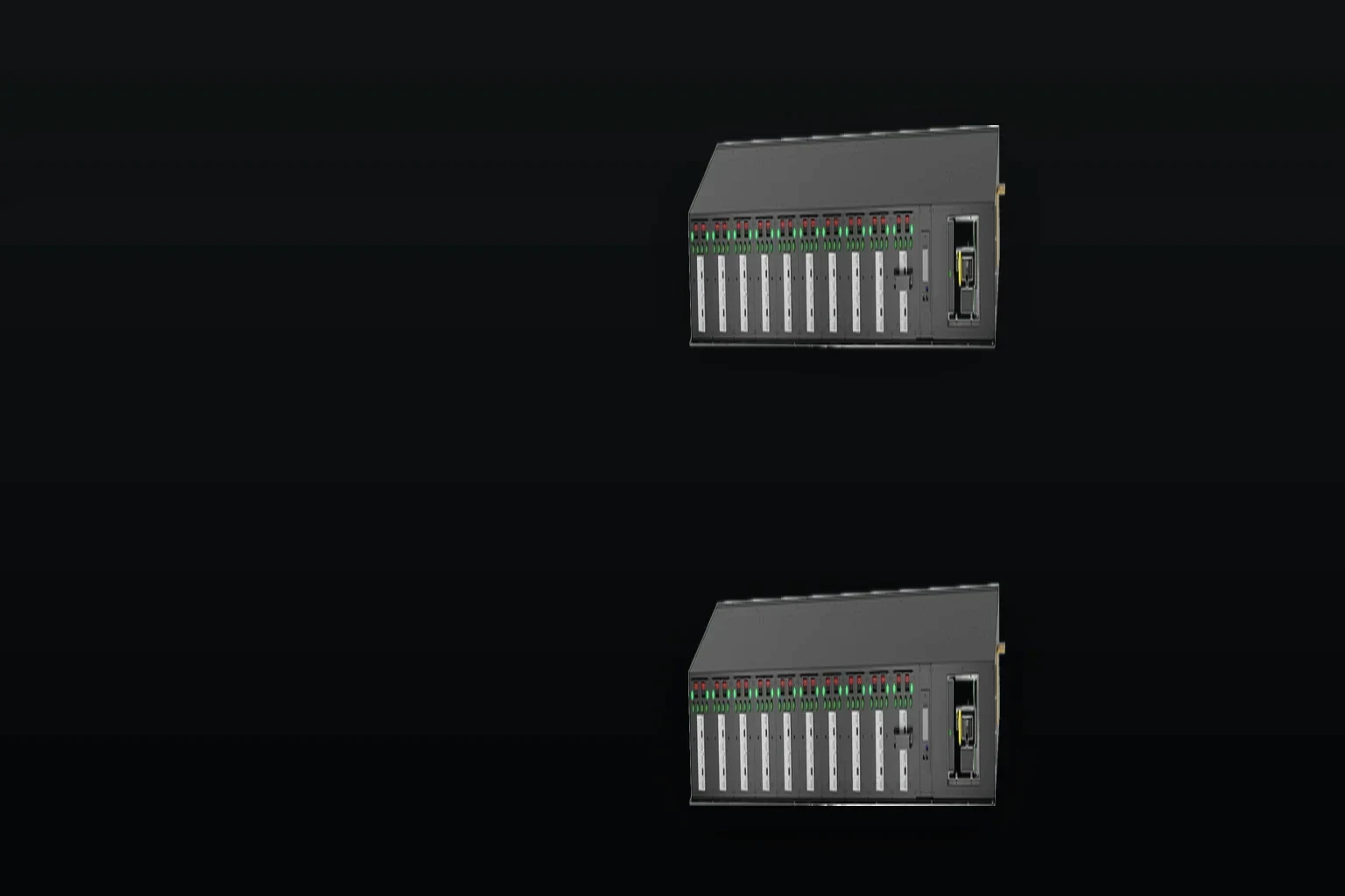 Two incoming feed terminations inside a distribution cabinet under one raking light, the dual input block and its breakers held in the right of the frame with the cabinet interior dark to the left
