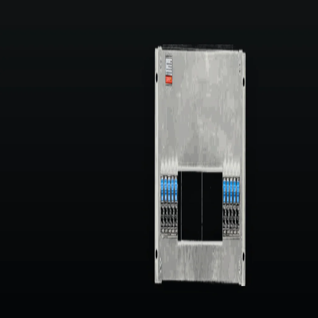 A horizontal 1U rack PDU installed in a rack, seen from a low three-quarter angle inside a dark equipment aisle with the rack rails and a receding row of closed cabinets out of focus behind it, the front face held right of frame