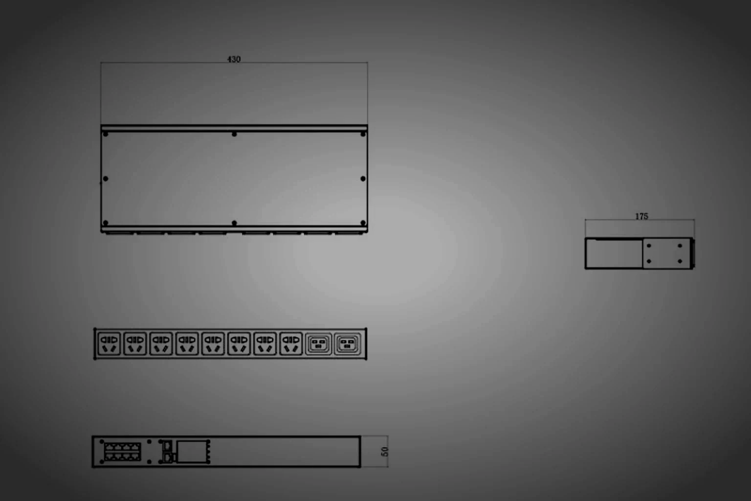 A per-outlet monitored rack PDU from a raised three-quarter angle, the full receptacle array reading as one continuous rank, the unit held in the right of the frame and the left side falling into unlit dark