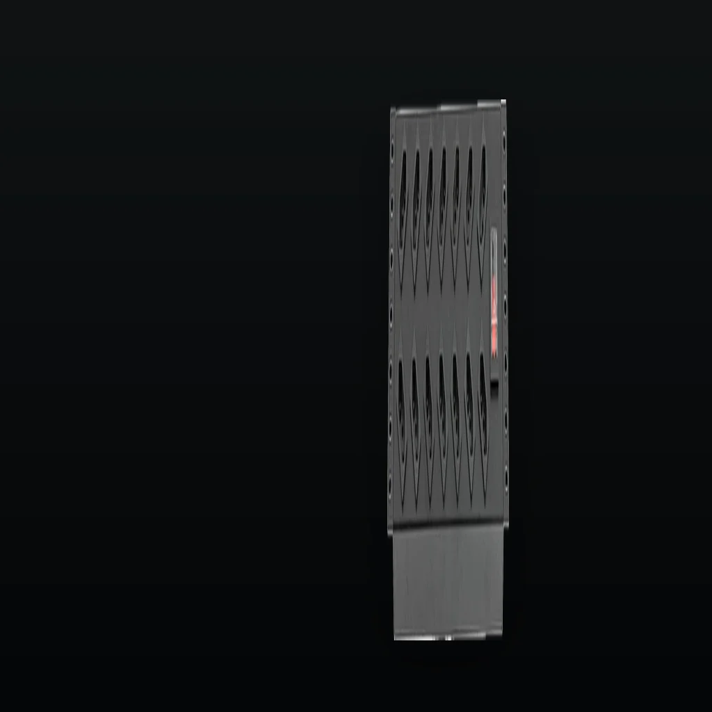A switched rack PDU installed in a dark equipment aisle, seen from a low three-quarter angle with rack rails and a receding row of closed cabinets out of focus behind the unit, the chassis held right of frame