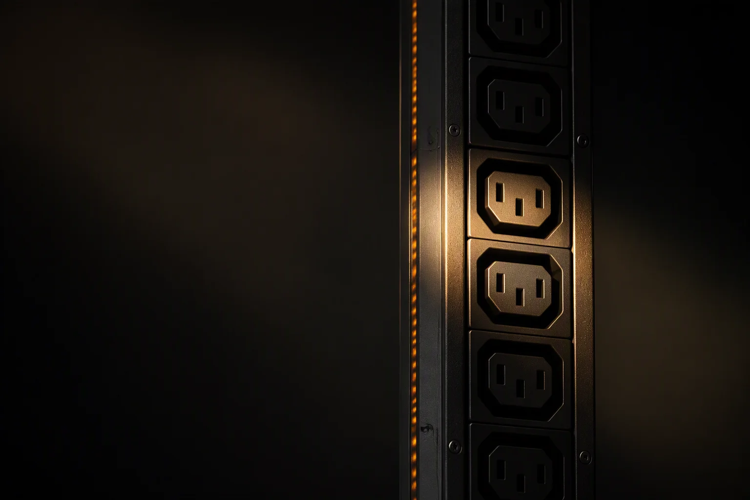 Close-up of rack PDU outlet groups with amber status LEDs in a dark server rack