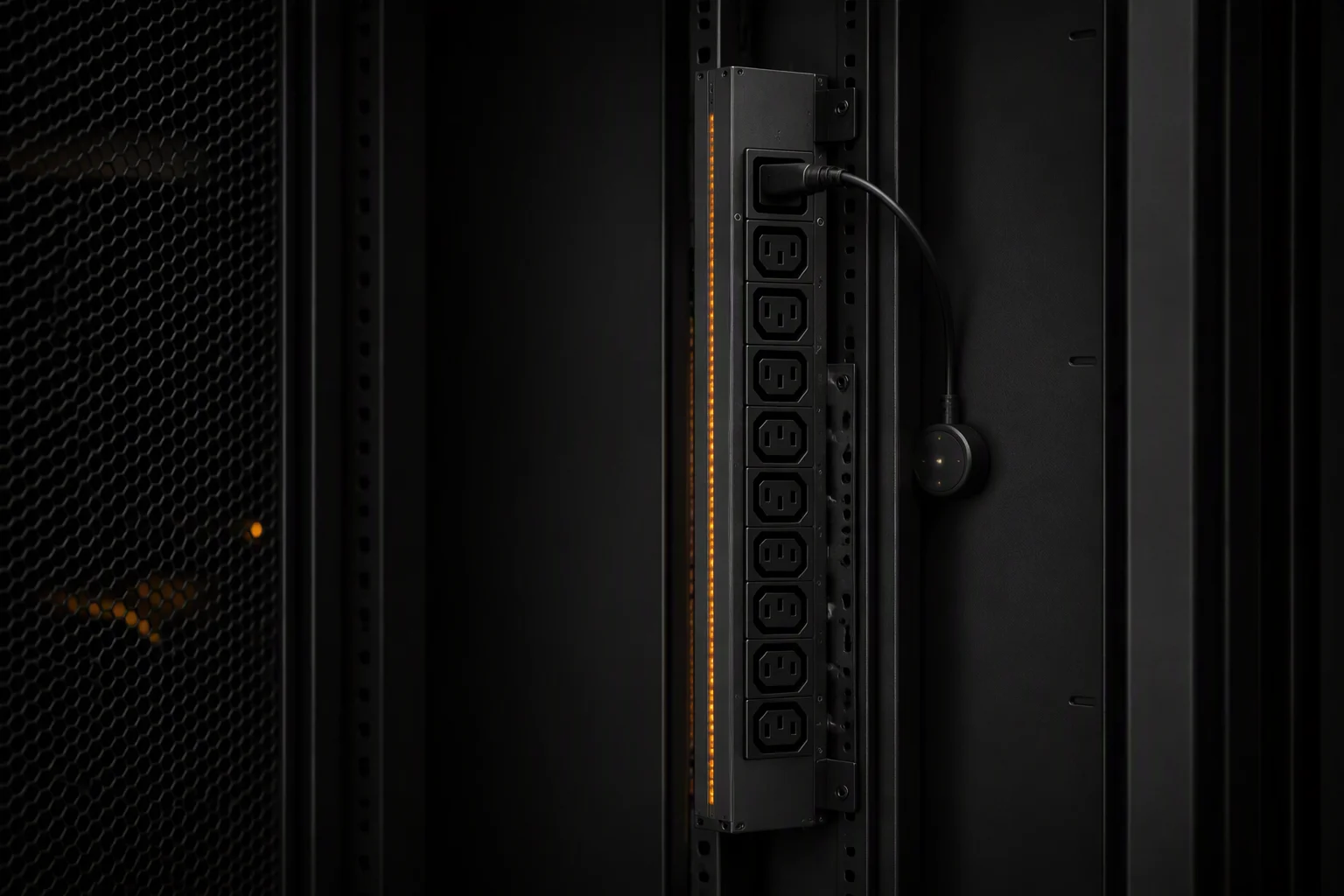 AmpRack AI rack power PDU with sensor pod and network cable