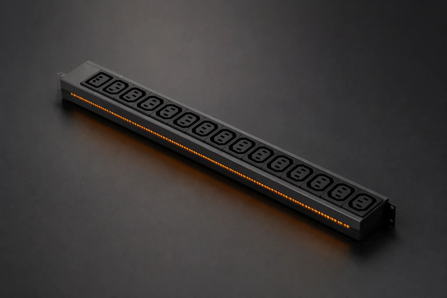 AmpRack metered rack PDU at an angle with amber LED strip