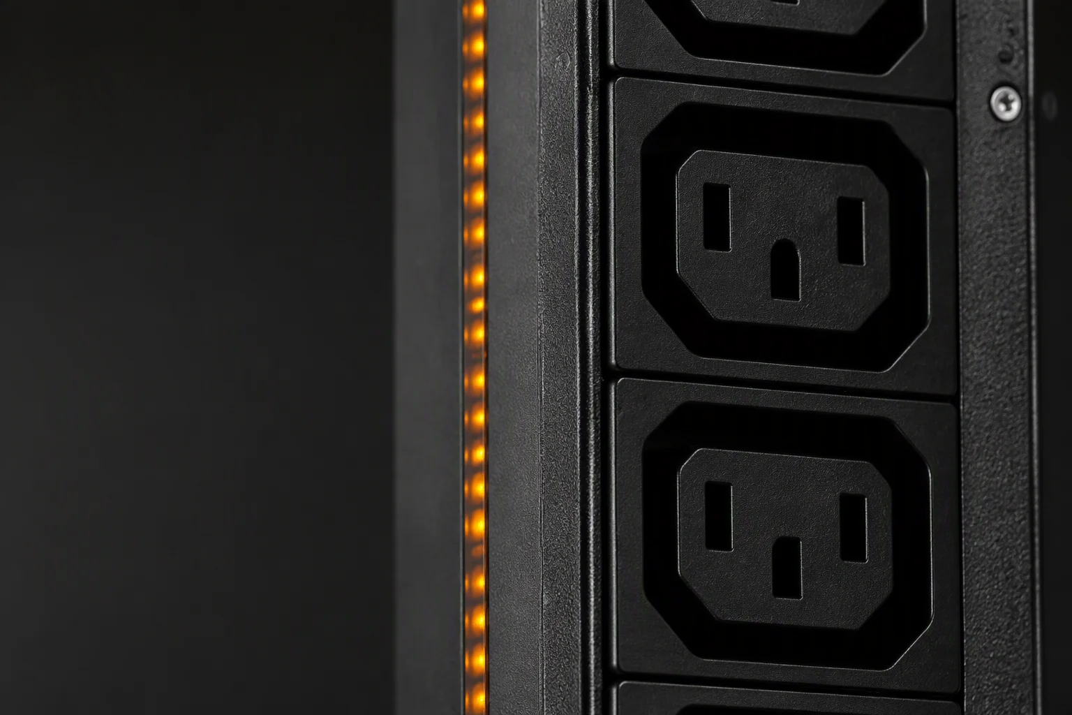 Macro close-up of AmpRack outlet-metered PDU socket groups