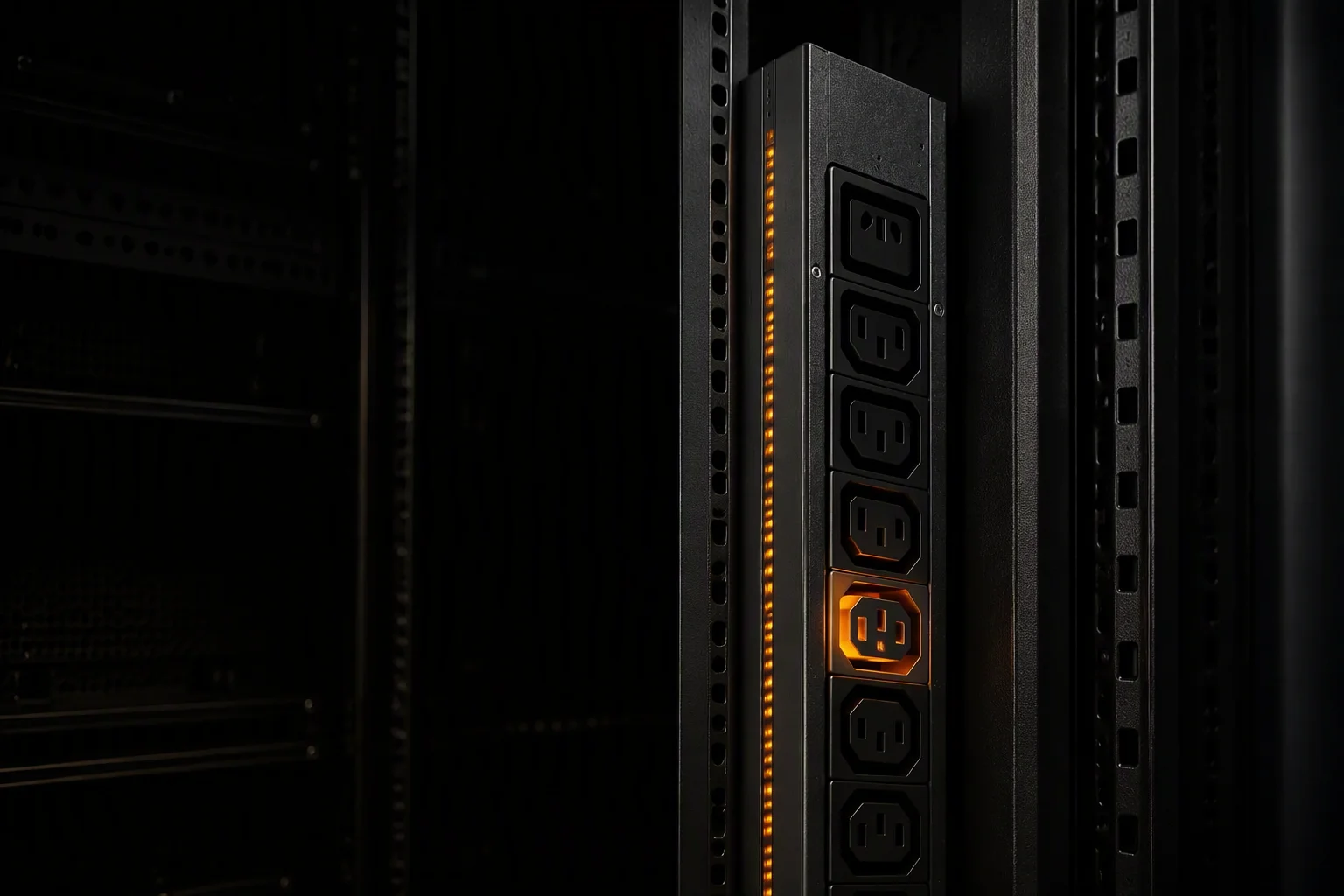 AmpRack switched rack PDU in a dark rack with one energized outlet group