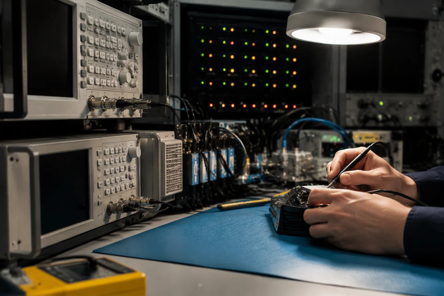 Calibration bench with a reference source verifying a rack PDU meter