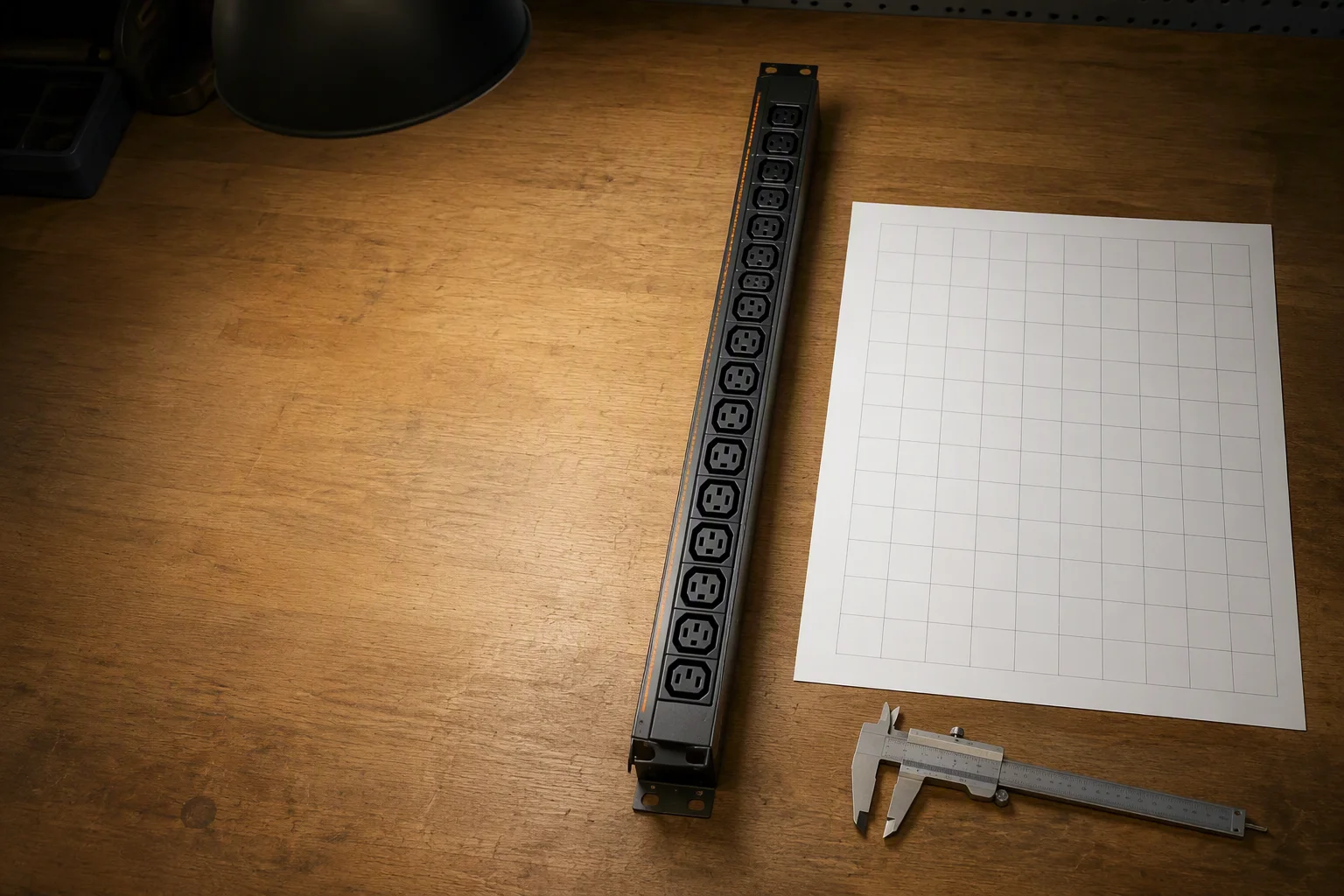 AmpRack PDU on an engineer workbench beside a printed outlet-map grid and calipers