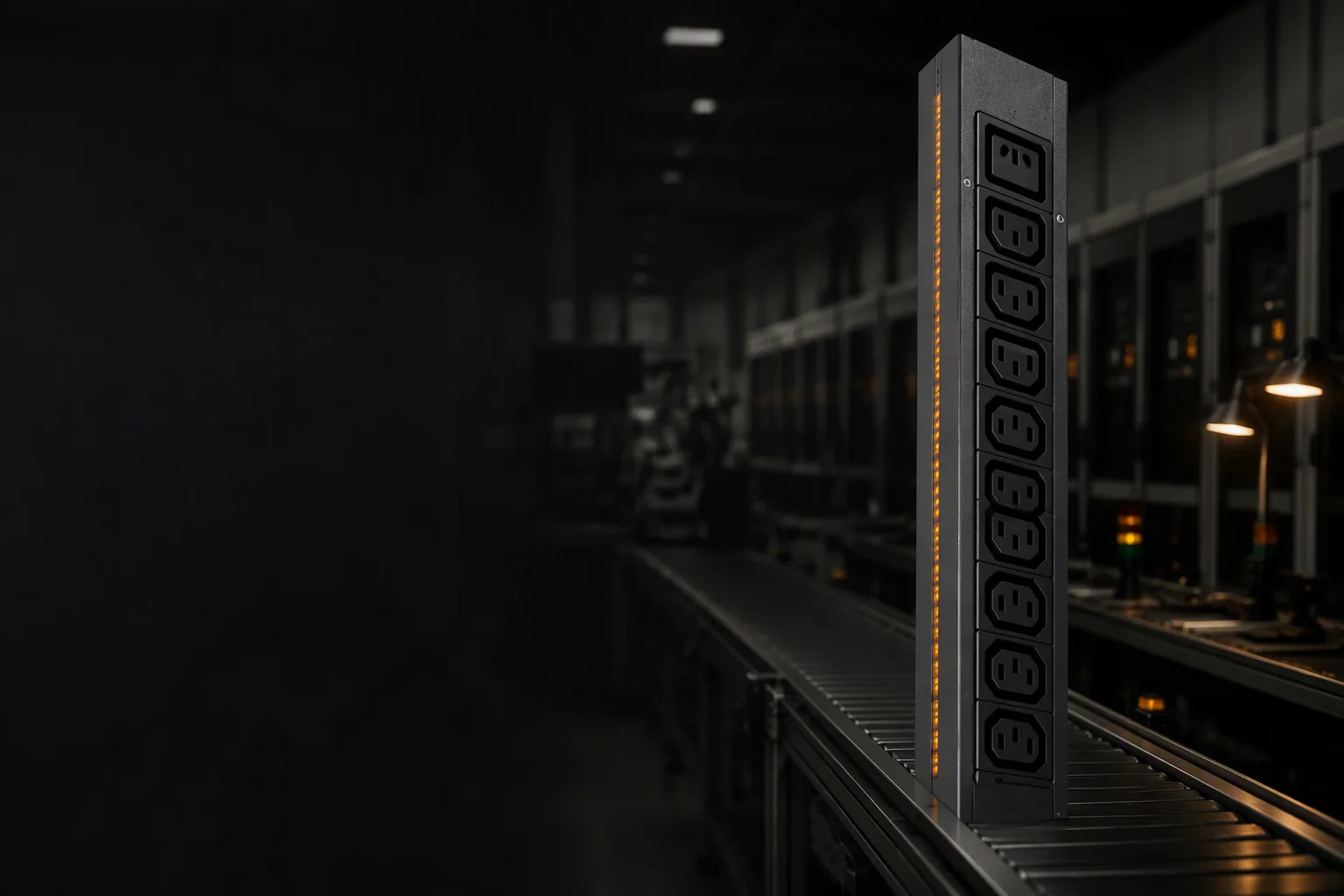 Finished rack PDUs moving along a conveyor in the AmpRack assembly hall