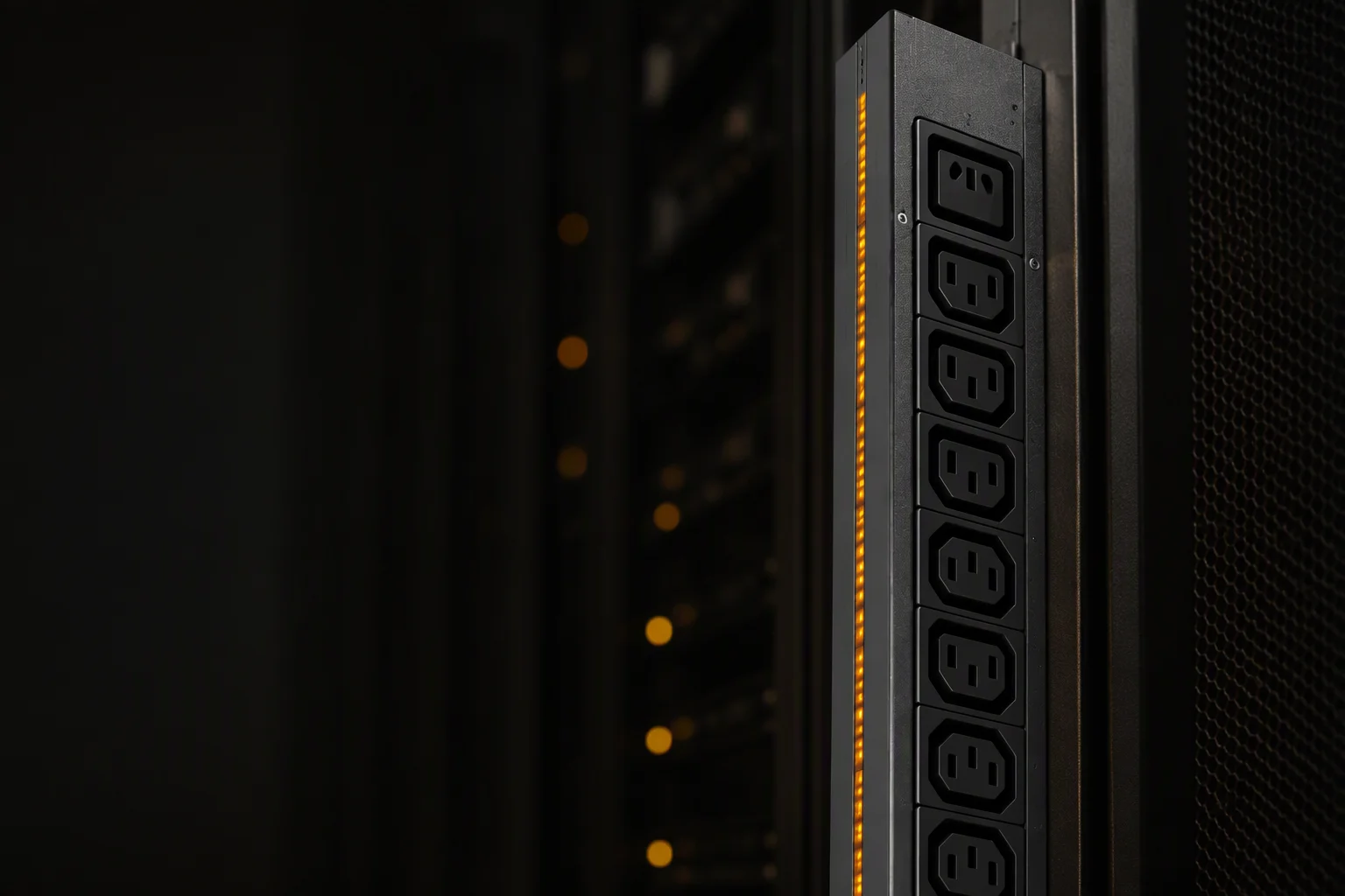 Close-up of an AmpRack intelligent rack PDU with amber LED status strip mounted in a dark server rack