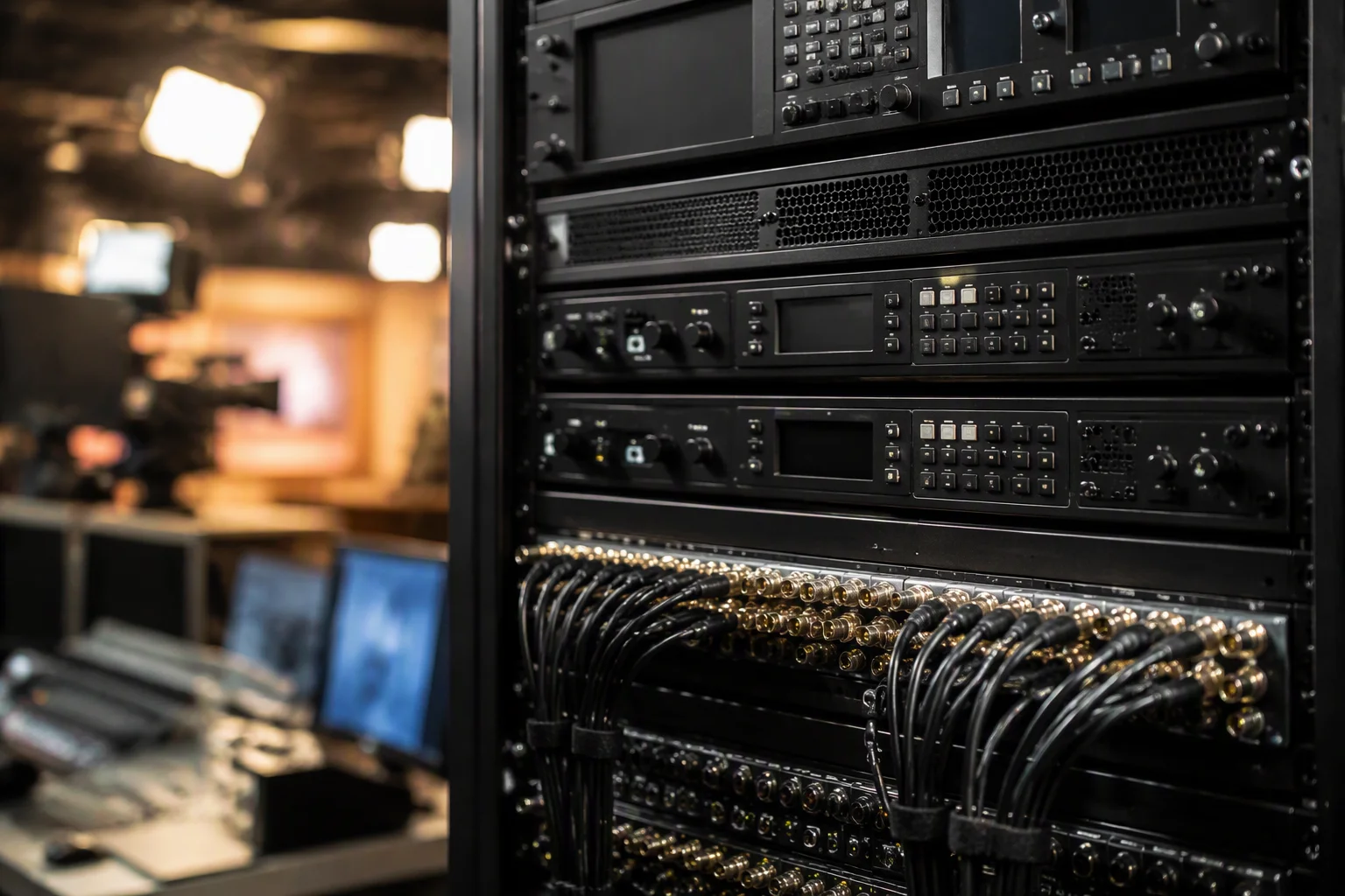 Broadcast equipment rack with patch panels and cables