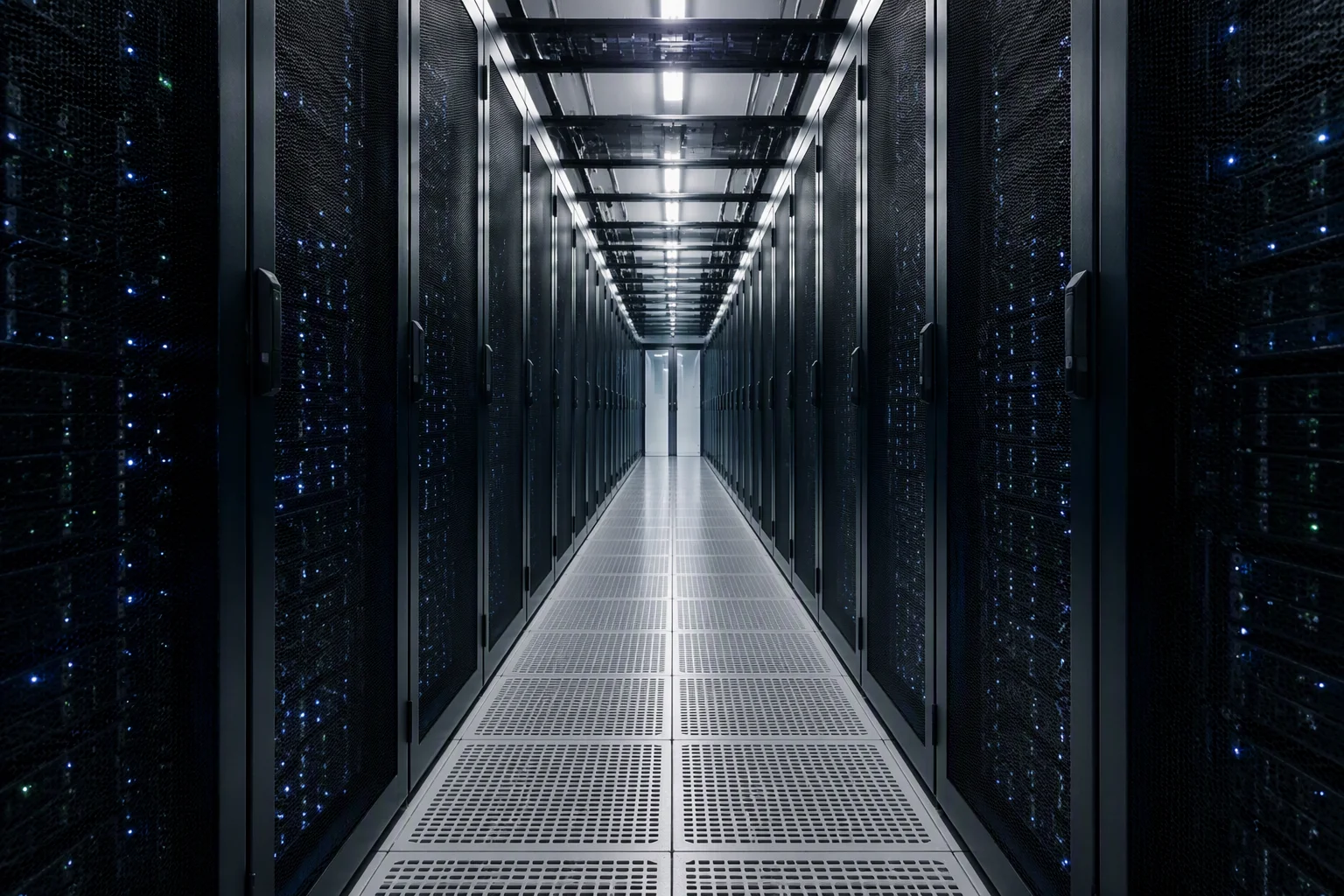 Cold aisle of server racks in a data center